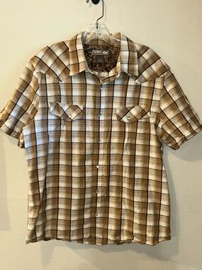 Urban Pipeline Brown Cream Plaid Short-Sleeve Button/Snap Down Shirt Sz L